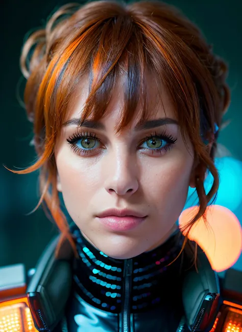 portrait of skswoman, cold , wearing sequined , with orange Wispy bangs , background cyberpunk city epic (photo, studio lighting, hard light, sony a7, 50 mm, matte skin, pores, colors, hyperdetailed, hyperrealistic), <lyco:Blanca Suarez:1.1>