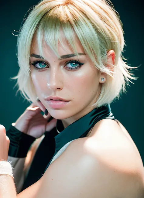 portrait of skswoman, interested , wearing satin , with platinum blonde Blunt haircut , background wrestling ring epic (photo, studio lighting, hard light, sony a7, 50 mm, matte skin, pores, colors, hyperdetailed, hyperrealistic), <lyco:Blanca Suarez:1.1>