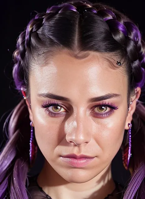 portrait of skswoman, confused , wearing organza , with purple Braids , background gothic epic (photo, studio lighting, hard light, sony a7, 50 mm, matte skin, pores, colors, hyperdetailed, hyperrealistic), <lyco:Blanca Suarez:1.1>