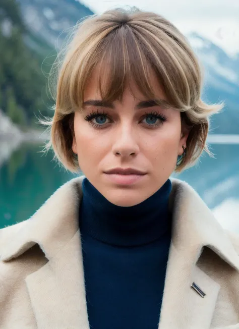 portrait of skswoman, :| , wearing cashmere , with honey blonde Feathered haircut , background lake epic (photo, studio lighting, hard light, sony a7, 50 mm, matte skin, pores, colors, hyperdetailed, hyperrealistic), <lyco:Blanca Suarez:1.1>