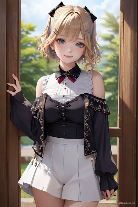 (masterpiece, best quality:1.2), <lyco:vspo_kurumi-09:1.0>, cowboy shot, solo, 1girl, kurumi noah, smile, looking at viewer, hand on hip, hairclip, hair ornament, off-shoulder jacket, shirt, long sleeves, bow, jewelry