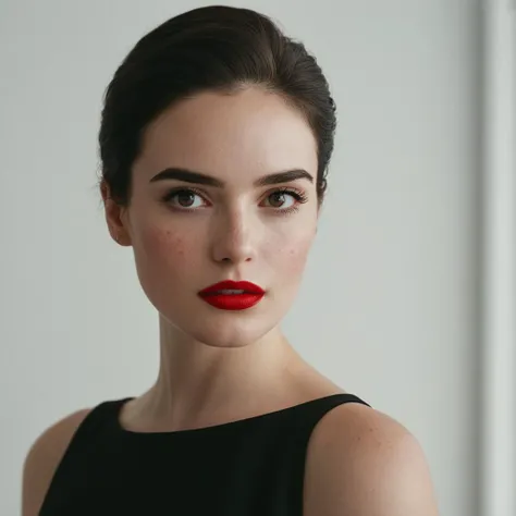 cinematic film still of  <lora:High-key lighting Style:1>
bright light, bright, a woman with a red lip and a black dress High-key lighting Style,1girl,solo,looking at viewer,simple background,black hair,white background,collarbone,nude,teeth,mole,black eyes,lips,eyelashes,makeup,lipstick,portrait,freckles,realistic,red lips, shallow depth of field, vignette, highly detailed, high budget, bokeh, cinemascope, moody, epic, gorgeous, film grain, grainy