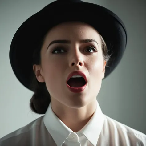 cinematic film still of <lora:High-key lighting Style:1>
bright light, bright, a woman in a white shirt and a black hat High-key lighting Style,solo,open mouth,simple background,shirt,black hair,1boy,hat,white background,upper body,male focus,black eyes,facial hair,top hat,realistic,mustache, shallow depth of field, vignette, highly detailed, high budget, bokeh, cinemascope, moody, epic, gorgeous, film grain, grainy
