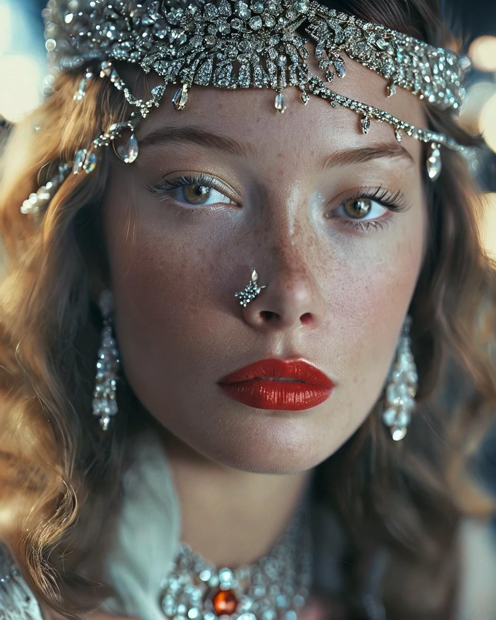 a portrait of supermodel with delicate facial features including brown freckles and deep-set eyes. She should have a serene and captivating expression with her lips highlighted by a deep colored lipstick. She is wearing a luxurious headpiece and necklace, both adorned with shimmering crystals and intricate designs. The background should be pitch black to contrast and accentuate the brightness of the jewelry and her features, with lighting that enhances the sparkle of the crystals.
dynamic lighting, soft natural lighting, dark black background, vidvid color, high key lighting, shallow depth field
<lora:add-detail-xl:0.8>, <lora:MJ52:0.85> <lora:High-key lighting Style:0.8>