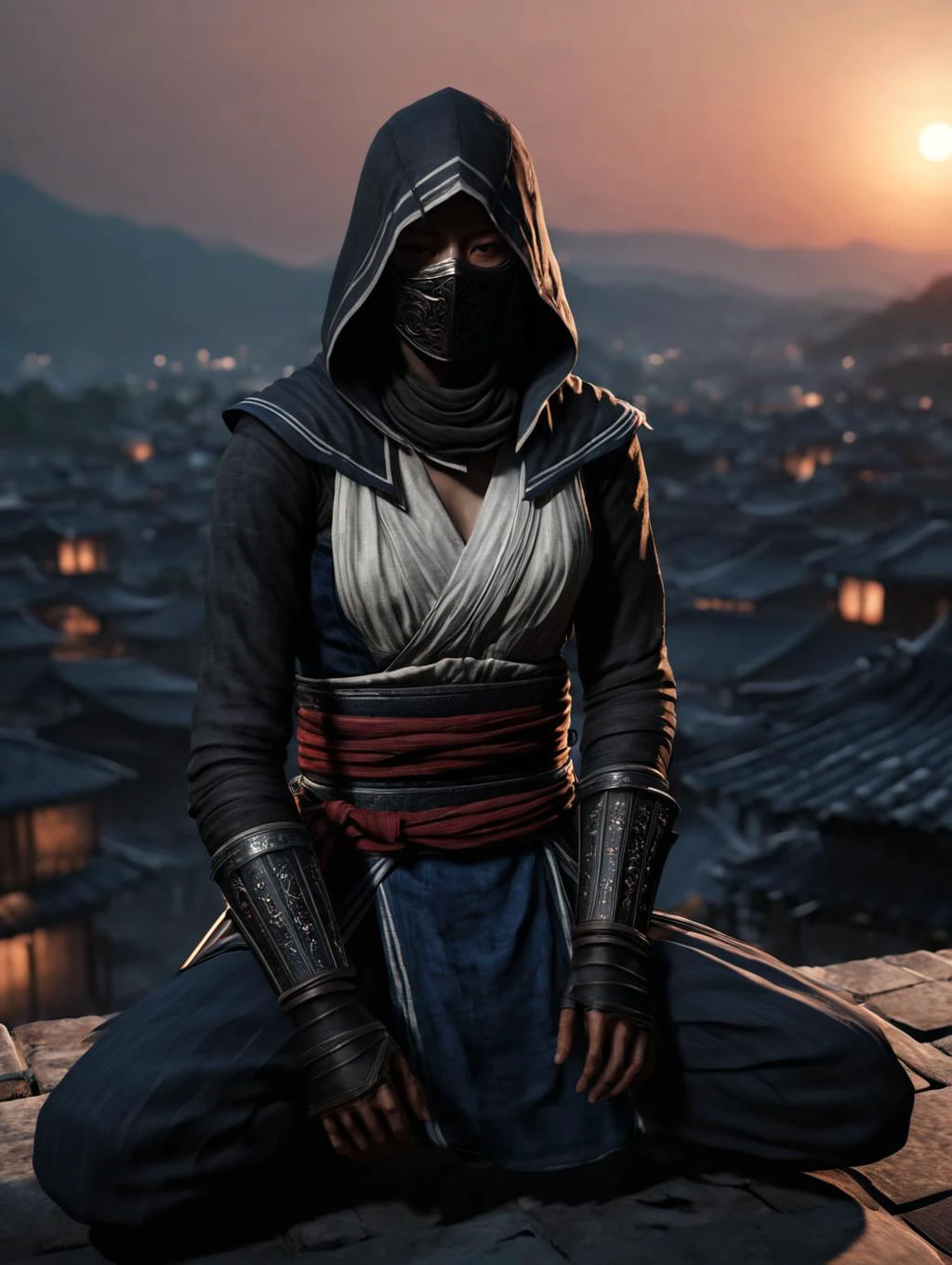 ((8K,hyper detail, realistic)) The style of Assassin's Creed in the Joseon Dynasty, the images of a female assassin sitting on a rooftop in the darkness of the sunset, realistic images, and a blindfolded hood add to the mystical atmosphere. Her assassin's attire makes a woman's charm stand out with her tight outfits. Capturing the dim moonlight, even though her silhouette is obscured against the backdrop of the night view, her beauty is never hidden and shines. The city below is shrouded in darkness, broken only by flying lanterns and distant stars. It contains a moment of indescribable expectation as the assassin waits for his next move in the veil of the night. <lora:High-key lighting Style:1>,<lora:perfect feet:1> ,<lora:Perfect Hands v2:1>, <lora:add-detail-xl:1>