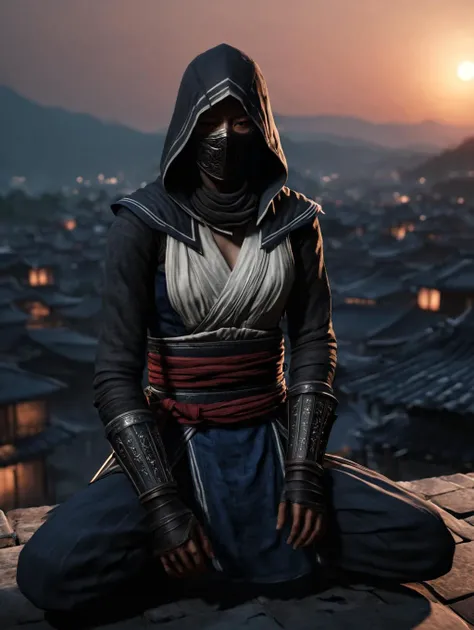 ((8K,hyper detail, realistic)) The style of Assassin's Creed in the Joseon Dynasty, the images of a female assassin sitting on a rooftop in the darkness of the sunset, realistic images, and a blindfolded hood add to the mystical atmosphere. Her assassin's attire makes a woman's charm stand out with her tight outfits. Capturing the dim moonlight, even though her silhouette is obscured against the backdrop of the night view, her beauty is never hidden and shines. The city below is shrouded in darkness, broken only by flying lanterns and distant stars. It contains a moment of indescribable expectation as the assassin waits for his next move in the veil of the night. <lora:High-key lighting Style:1>,<lora:perfect feet:1> ,<lora:Perfect Hands v2:1>, <lora:add-detail-xl:1>