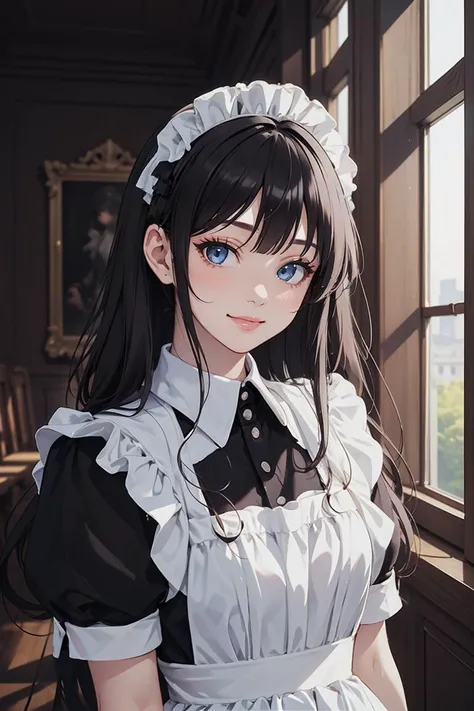 (masterpiece, best quality, beautiful and aesthetic:1.3), 1girl, light smile, solo, black hair, long hair, maid_dress, maid attire, upper body, closeup portrait, looking at viewer, shiny skin, beautiful face, beautiful eyes, indoors, mansion, standing, extreme detailed, official art, professional illustration, hires, <lora:maid_attire_v2:0.7>