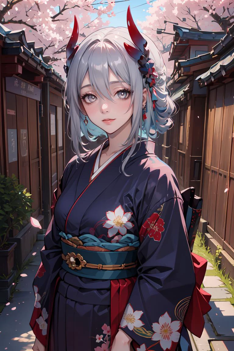 (masterpiece, best quality, beautiful and aesthetic:1.3), 1girl, light smile, solo, grey eyes, upper body, portrait, looking at viewer, hanya, horns, (kimono, floral print:1.3), outdoors, japanese architecture, cherry blossoms, falling petals, morning, shiny skin, beautiful face, beautiful eyes, standing, extreme detailed, official art, professional illustration, hires, <lora:fallenL_hsr_hanya:0.85>