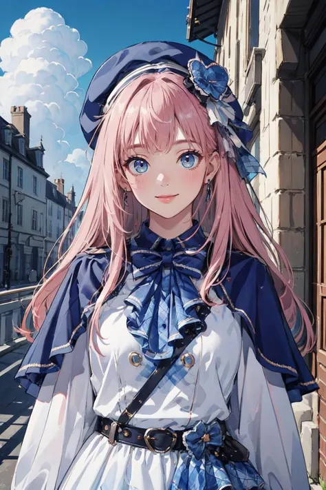 (masterpiece, best quality, beautiful and aesthetic:1.3), upper body, portrait, looking at viewer, 1girl, solo, light smile, (pink hair), very long hair, cyb dress, capelet, long sleeves, belt, bow, bowtie, hat, headwear, standing, shiny skin, beautiful face, beautiful eyes, outdoors, castle, blue sky, clouds, extreme detailed, official art, professional illustration, hires, <lora:idol_costume_style8_v1:0.75>