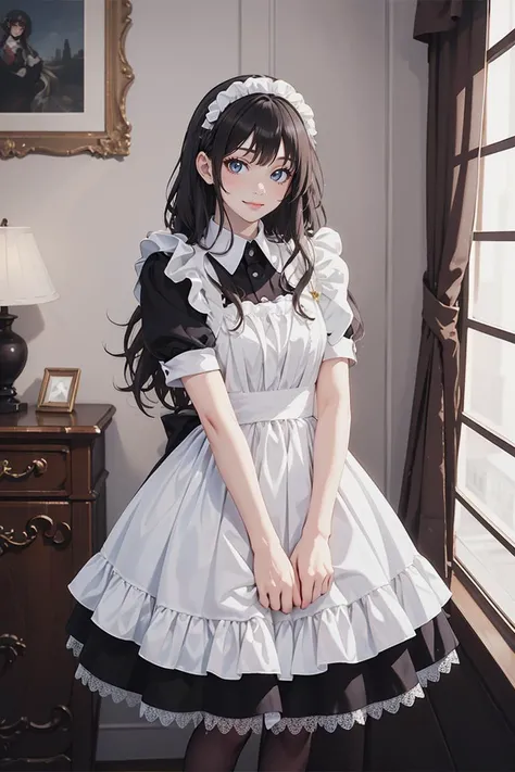 (masterpiece, best quality, beautiful and aesthetic:1.3), 1girl, light smile, solo, black hair, long hair, maid_dress, maid attire, black pantyhose, upper body, looking at viewer, shiny skin, beautiful face, beautiful eyes, indoors, mansion, standing, extreme detailed, official art, professional illustration, hires, <lora:maid_attire_v2:0.7>