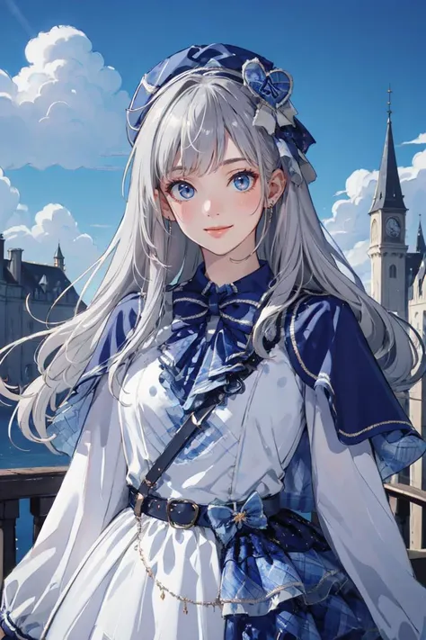 (masterpiece, best quality, beautiful and aesthetic:1.3), upper body, portrait, looking at viewer, 1girl, solo, light smile, (silver hair), very long hair, cyb dress, capelet, long sleeves, belt, bow, bowtie, hat, headwear, standing, shiny skin, beautiful face, beautiful eyes, outdoors, castle, blue sky, clouds, extreme detailed, official art, professional illustration, hires, <lora:idol_costume_style8_v1:0.75>