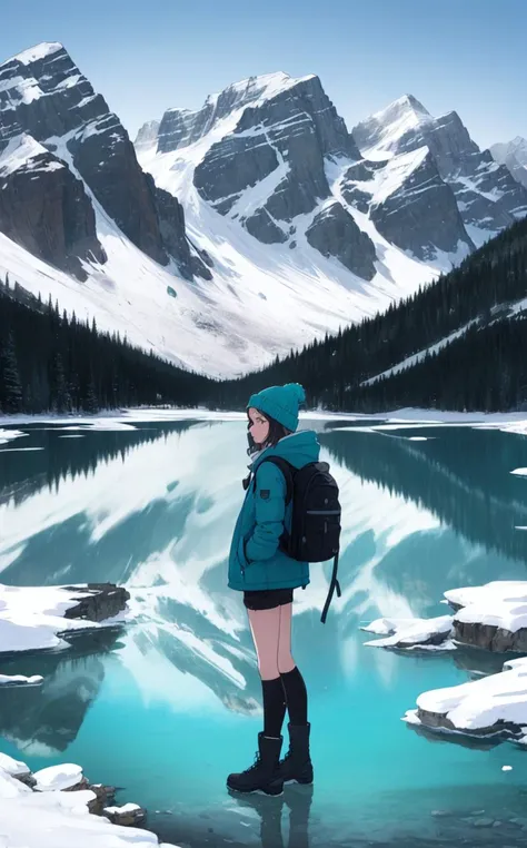 (sexy fashion photo style of [Cathleen McAllister|Ilya Kuvshinov|Loish|Daniela Uhlig|Ross Tran]:1.2),  (style of Ansel Adams), [pristine wilderness:Banff National Park majesty:0.9] landscape, capturing the awe-inspiring beauty of Banff National Park, Canada, through a visitor's journey. Amidst this picturesque setting, a figure emerges, a woman who personifies the adventurous spirit of those drawn to the wild. Her attire is a ((sophisticated blend of outdoor elegance and practicality)), featuring a warm, fitted parka that reflects the icy hues of the park's turquoise lakes, paired with rugged, waterproof hiking boots ready to tread the varied terrains. Her outfit is thoughtfully accessorized with thermal gloves and a woolen beanie, ensuring warmth against the crisp mountain air, while a lightweight backpack carries essentials for her day's exploration. She stands before a breathtaking vista: the vivid turquoise waters of a glacial lake, so vibrant they seem otherworldly, contrasted against the stark, majestic backdrop of snow-capped mountains. The dense, verdant pine forests envelop the scene, adding a sense of depth and serenity. The composition captures a moment of reflection, as she gazes across the landscape, her presence small yet significant amidst the vastness of nature. The photograph encapsulates the tranquility and grandeur of Banff, with the subject serving as a bridge between the viewer and the sublime beauty of the Canadian Rockies, inviting a sense of wonder and exploration.