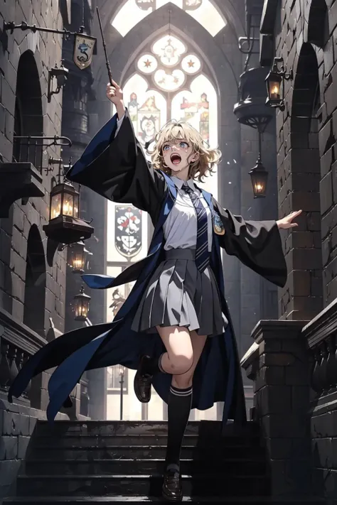 masterpiece, best quality, ultra-detailed, best shadow, evening, hogwarts background, 1girl, solo, a picture of a scared girl, blonde hair, curly hair, (girl floating in the air, girl above ground, girl in air:1.2), girl crying out in fear, (girl screaming:1.4), arms out to the sides, 15 years old, ravenclaw uniform, hogwarts school uniform, <lora:ravenclaw uniform_20240227005600:1>