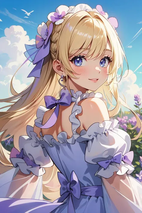 (High quality, High resolution, Fine details), surrounded by blooming flowers in a garden, purple Knit material, sleeveless high neck clothes, elegant posture, solo, curvy women, blond hair, sparkling eyes, (Detailed eyes:1.2), smile, blush, Sweat, Oily skin, shallow depth of field