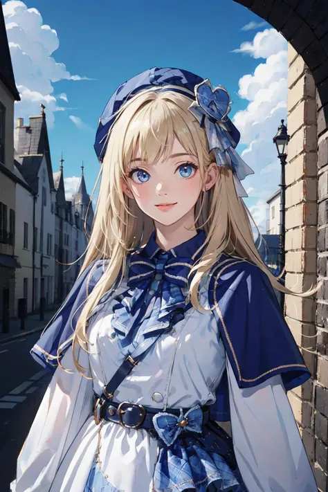 (masterpiece, best quality, beautiful and aesthetic:1.3), upper body, portrait, looking at viewer, 1girl, solo, light smile, (blonde hair), very long hair, cyb dress, capelet, long sleeves, belt, bow, bowtie, hat, headwear, standing, shiny skin, beautiful face, beautiful eyes, outdoors, castle, blue sky, clouds, extreme detailed, official art, professional illustration, hires, <lora:idol_costume_style8_v1:0.75>