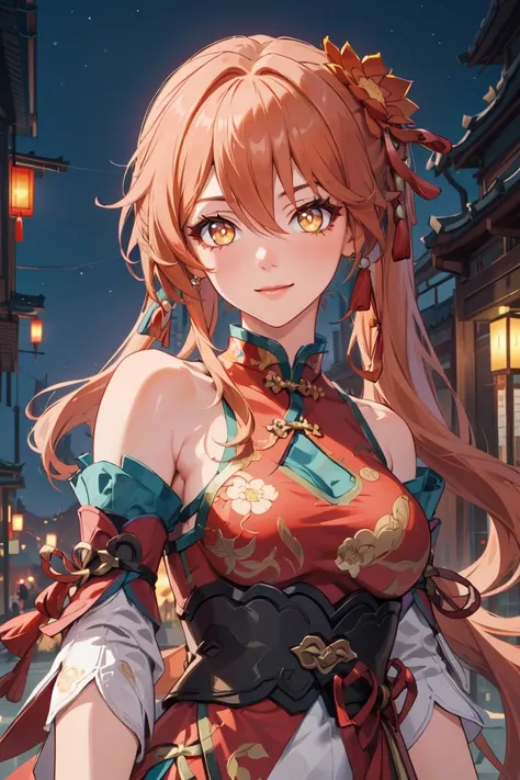 (masterpiece, best quality, beautiful and aesthetic:1.3), 1girl, light smile, solo, yellow eyes, upper body, portrait, looking at viewer, guinaifen, (chinese clothing, detached sleeves, floral print), outdoors, chinese architecture, lanterns, night, shiny skin, beautiful face, beautiful eyes, standing, extreme detailed, official art, professional illustration, hires <lora:fallenL_hsr_guinaifen:0.85>