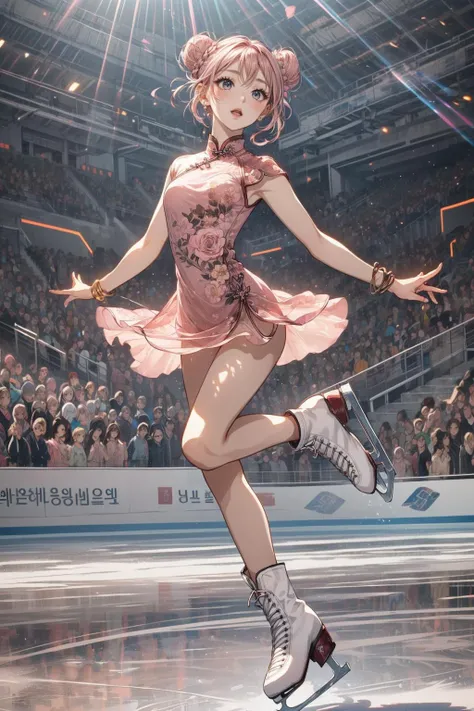 (Highest picture quality), (ultra-detailed), (sharp focus), (close-up), (depth of field), RAW, realistic, (colorful, vivid colors), (masterpiece), (best quality), photorealistic, absurdres, (highres), (intricate details), (maximum details), (delicate), BREAK, (1girl), solo, looking at viewer, 20 years old, (face focus, eye focus, detailed eyelash, detailed skin, detailed face, detailed intricate iris, nice hands, perfect hands, perfect anatomy, detailed anatomy, human anatomy, golden ratio:1.3), (hand of Guido Daniele:1.4), BREAK, (beautiful detailed glow), (cinematic lighting:1.2), (rim lighting:1.3), (two tone lighting:1.3), (reflection, refraction:1.3), (Rembrandt lighting:1.4), (Rule of thirds:1.1), (light play, shadow play:1.1), (glamour photography, cinematic, film grai, anime aesthetic), (diffused lighting, bokeh, lens flare, light particles:1.2), (dynamic lighting:1.2), ray tracing, volumetric lighting, (dramatic lighting), (explosive light and shadow:1.2), (Dynamic Pose, Dynamic Angle:1.3), (moody lighting), the_best_light, BREAK, (((full body))), (((jumping in air))), (((falling and jumping))), (((flying spin))), (((spiral lines))), ((dancing on grand ice skating exhibition)), (((raise leg))), (((raise skates))), (pink pantyhose, pink see-through legwear, pink skates:1.3), (((raise arm))), (dark pink see through floral print lace qipao:1.4), ((detached sleeves)), countless crowd, wind, night, ribbon, high neck, collar, enjoy, smile, shy, blush, (((petite figure))), ((hair flows upwards)), (face towards the sky), (pink hair, double bun, short hair, braided hair rings:1.4), blue eyes, high detailed background, (pink theme:1.1), (pink tone:1.1), (energy particles pink:1.3), magic, ice shard, ice, snow flakes, (dynamic action:1.3), (pink energy light emanates from the body:1.4), (colorful spotlights:1.3), (glowing), (full body View, full body shot:1.3), (annoyed, open mouth:1.3), (Perspective), (motion blur, blurry, blurry foreground, blurry background), (skinny, thin, narrow waist, large breasts:1.2), (soft light passing through hair, light patterns on skin:1.1), BREAK, <lora:GoodHands-beta2:1>, <lora:neg4all_bdsqlsz_V3.5:1>, <lora:epiNoiseoffset_v2-pynoise:2>, <lora:add_detail:0.4>, <lora:more_details:0.4>, <lora:makina69_winter_v2.0.ß1:0.3>, <lora:nevon:0.2>, <lora:hipoly_3dcg_v7-epoch-000012:0.2>, <lora:egyiren-v1:0.3>, egyiren, <lora:mmabelzz-04:0.2>, <lora:girllikeflyingspin:0.8>
