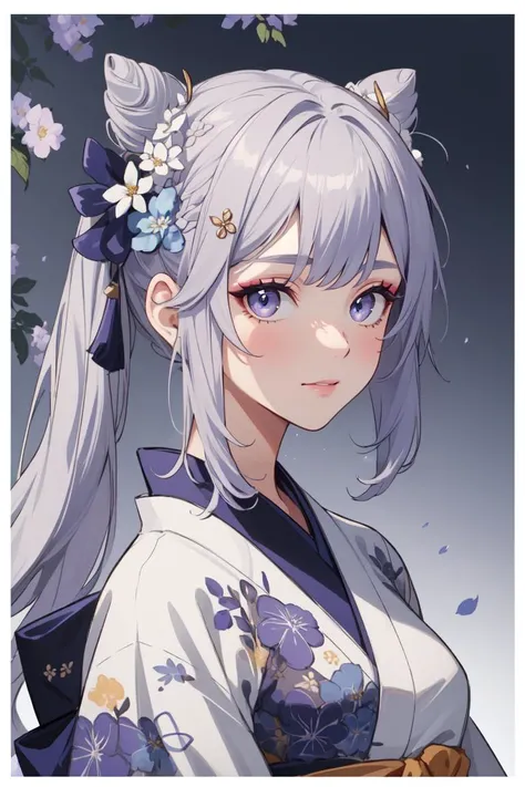(masterpiece, best quality, beautiful and aesthetic:1.3), upper body, closeup portrait, looking at viewer, keqingdef, light purple hair, cone buns, twintails, very long hair, (hair ornaments, makeup, floral print kimono:1.3), <lora:genshinfull1:1>, light smile, hydrangea, purple theme, perfect anatomy, beautiful face, beautiful eyes, scenery