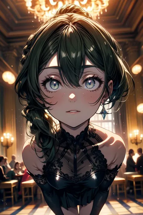 ubel, <lora:mage ubel s1-pruned-lora-nochekaiser:0.8>, ubel, long hair, floating hair, hair between eyes, (green hair:1.3), bright pupils, (purple eyes:1.3), smirk, midjourney,
Render an incredibly intricate and photorealistic image of a young girl, appearing around 12-14 years old, attending a luxurious formal ball or dance. She is wearing an exquisitely designed black ballgown covered in delicate lace patterns and details.
The dress should have a full, layered skirt reaching the floor with lace overlays, lace trim along the neckline and sleeves, and possibly lace gloves on her hands. The bodice should be form-fitting with ornate lace embroidery. The lace patterns can include floral designs like roses as well as geometric shapes and swirling patterns.
Her hair should be elegantly styled in an updo with ribbons or jeweled accessories woven throughout. Render her facial features in extremely high definition - her skin should have a porcelain, youthful glow, with rosy cheeks and lips slightly parted in an awestruck expression as she takes in the grandeur of the ballroom around her.
The background should show the interior of an extravagantly decorated 19th century style ballroom - soaring ceilings, crystal chandeliers, floor-to-ceiling windows with heavy drapes, polished wood floors, baroque-style columns and architectural details. The room can be filled with a crowd of formally dressed people dancing, though they should be slightly blurred to keep the focus on the girl.
Pay very close attention to realistic lighting, capturing how the warm glow from the chandeliers and candlelight catches the shimmering details and sequins of her black lace dress. Use intricate shadows and highlights to make the image appear almost three-dimensional and lifelike. The overall mood should be one of wonderment, elegance and fairy-tale fantasy.
(masterpiece:1.2), best quality, high resolution, unity 8k wallpaper, (illustration:0.8), (beautiful detailed eyes:1.6), extremely detailed face, perfect lighting, extremely detailed CG, (perfect hands, perfect anatomy), <lora:midjourney_20230624181825:0.6> <lora:more_details:0.5> <lora:ç¼çå:0.5>