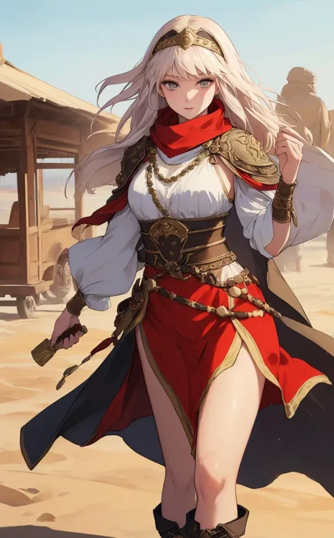 (sexy fashion photo style of [Cathleen McAllister|Ilya Kuvshinov|Loish|Daniela Uhlig|Ross Tran]:1.2),  (Ancient Silk Road Caravan Leader (1st Century BCE to 1st Century CE:1.21), A woman in her mid-40s, her physique weathered yet sturdy from years of travel. Her hair, a sun-lightened brown, is kept under a scarf for protection against the desert sun. Her clothing is a mix of practical and ornate, including a long tunic belted at the waist, over which she wears a cloak, and sturdy boots, her attire reflecting the blend of cultures along the Silk Road.