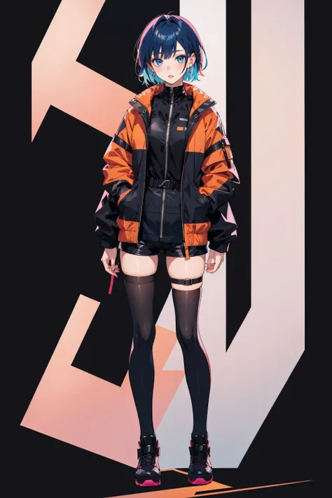 1girl,solo,thighhighs,short hair,looking at viewer,multicolored hair,blue eyes,holding,full body,jacket,long sleeves,black background,blue hair,blonde hair,standing,bangs,black thighhighs,english text,breasts,black jacket,shorts,orange hair,single thighhigh,black footwear,black hair,parted lips,zipper,shoes,pink hair,earrings,