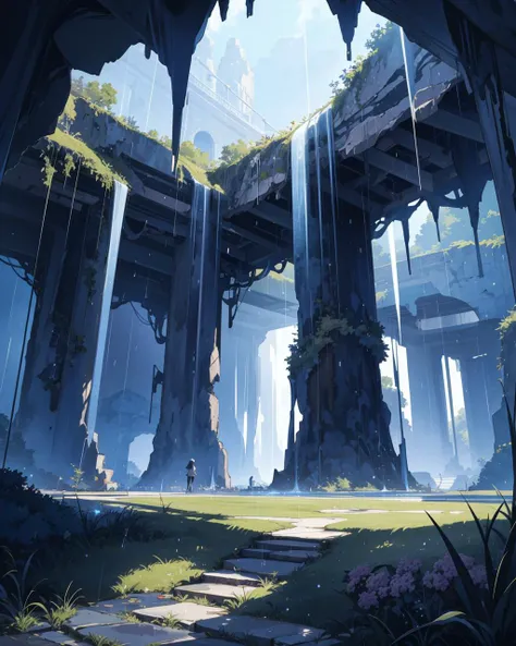 (masterpiece:0.8), (best-quality:0.8), perfect anime illustration of a landscape of a Unusual Inspired [Stadium|Stone caverns] and contemplative german heavens, Raining, Ultrarealistic, upcoming, dmt, Gel lighting, macro lens, Single Color, key visual, electric indigo details, dslr, hyperdetailed