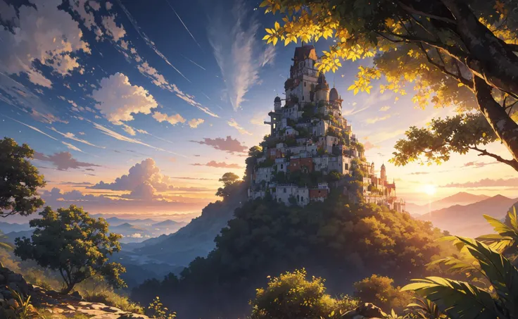 (masterpiece:1.1), (highest quality:1.1), (HDR:1.3), foreign clear sky, cloud, gradient sky, sunset, astral, (starry sky:0.7), (jungle), (from below:0.6)