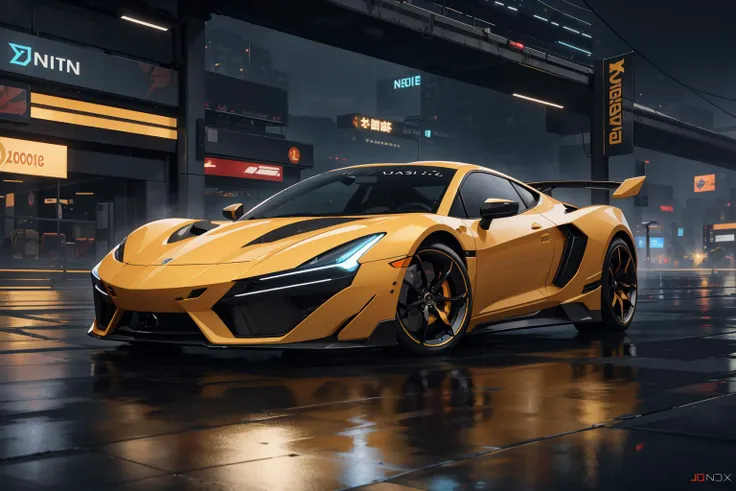 photorealistic, best quality, masterpiece, highly detailed, ultra-detailed, a futuristic sports car in a cyberpunk city at night with neon lights and rain. by josan gonzalez splash art graphic design color scheme minimalism ultra realistic unreal engine 5 hd 8k resolution trending on deviantart pinterest dslr highly rendered 4K imax hyperrealistic full colour cinematic, metal, top tier, extravagant, 8k, unity wallpaper, unreal engine 5, ray tracing, 8k, depth of field, octane render, intricate details, elegant, tone mapping, hyper focus, sheen, (yellow:1.2)