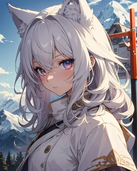 (masterpiece:1.1), (highest quality:1.1), (HDR:1.0), extreme quality, cg, (anime wallpaper), stylized, detailed face+eyes, (colorful), (powerful colors:1.4), photo of a girl, (tan skin), fashionable, light dust, sparkle, cloud, bus stop, varied depth of field, medium hair, curly hair, marroon hair, masterpiece, 8k, tone mapping, hyper focus, white, pale eyes, (upper body:0.8), natural, limited palette, (detailed hair:1.13), (mountain aesthetic:1.3), (epic anime drawing:0.7), (soft outlines), (creative background), (creative), soft lighting, (wolf girl), solo, clarity, (glee:0.8)