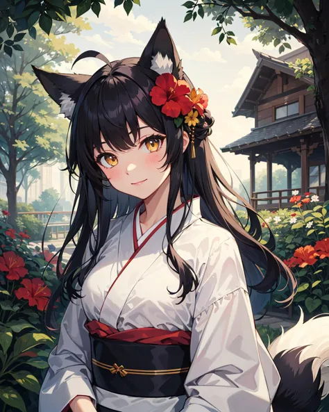 (masterpiece:1.1), (highest quality:1.1), (HDR:1.0), shadows, outline, shrine, (garden), hibiscus, overgrown, upper body, [white background], white background, blush, head tilt, wide angle, fisheye, 1girl, black hair, absurdly long hair, ahoge, yellow eyes, slit pupils, long fox ears, sidelocks, fox tails, light smile, looking at viewer, floating hair, flower hair ornament, kimono, movie scene, soft lighting, ambience