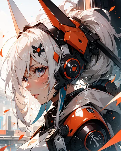 masterpiece, best quality, ultra high res, (abstract art:1.4), portrait, 1girl, flying hair, hair ornament, large eyes, mech, (tan, marroon:1.3), SMM, niji, nijimecha