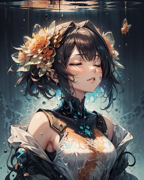 masterpiece, best quality, 1girl, closed eyes, upper body, splashing, abstract, psychedelic, neon, (honeycomb pattern), (creative:1.3), sy3, SMM, fantasy00d
