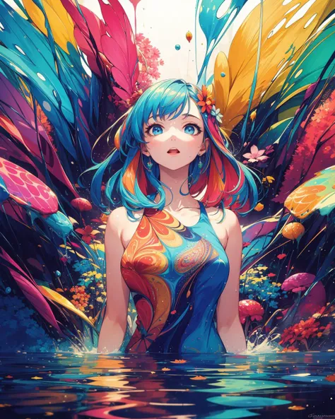 masterpiece, best quality, 1girl, upper body, splashing, abstract, psychedelic, colorfantasystyle