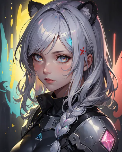 (masterpiece:1.1), (highest quality:1.1), (HDR:1.3), realistic photo of white futuristic metal mech body suit, detailed mask, tactical armor, white tiger ears, (varied depth of field, (iridescent:1.3), limited palette, (detailed face and eyes:1.25), silver hair, braid, (white eyes), long hair, (graffiti wall:1.2), (abs:0.8), (messy hair), aggressive, by (Emil Nolde), by Jeremy Lipking, by Antonio J Manzanedo, (by Alphonse Mucha:0.5), (ethereal magical fantasy), (glowing highlights:1.3)