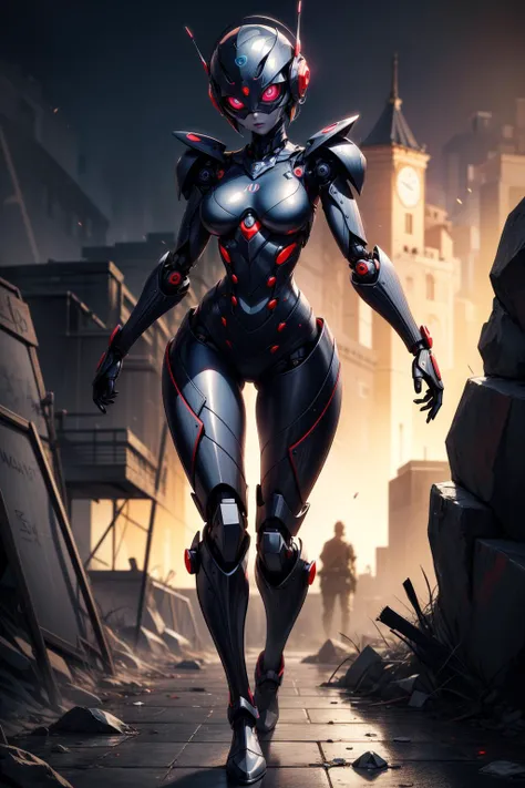 Darkness, horror, experiments, factories, sparks, (???????: 1.3) (damage: 1.2) (machine: 1.1) (woman with perfect body, big boobs) has gray hair and beautiful, detailed red eyes. He has one (machine (heart: 1.1) and one (dirty face: 1.2), exposed wires and pipes, internal mechanical parts damaged and short circuited, severe damage, removal, natural light, light tracking, complex circuitry, illustration, 8 wallpapers, super detailed, full body portrait, best picture, wrong image, wrong image, wrong way, intricate detail of the highest quality, absurd