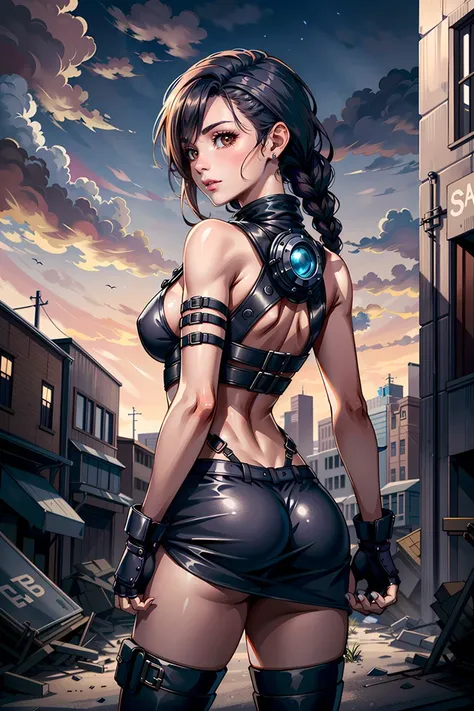 (masterpiece, best quality), (dynamic pose), (looking over her shoulder, (from behind:1.2)), 1 girl, adult woman, aquamarine eyes, ginger fishtail braid, solo, (full body:0.3), looking at viewer, detailed background, detailed face, (<lora:postapocalypseAI:0.4>, postapoAI, post-apocalyptic dark dystopian theme:1.4), focus on eyes, grinning, monster slayer, wearing white sleeveless clothes, intricate, billowing cloak straps, trinkets, supernatural abilities, port in background, wind blowing, dark atmosphere, beautiful woman, medium breast, delicate hair, detailed hair <lora:add_detail:0.3> <lora:GoodHands-beta2:1>