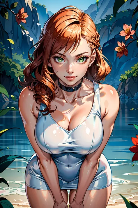 (((ginger hair))), (gorgeous, long legs, perfect slim body, narrow waist:1.1), (perfect face, detailed face, beautiful:1.1), (big breasts), (tight white latex dress:1.3), (bare shoulders), (sleeveless), (green eyes, seductress, make up, long eyelashes, puffy lips:1.1), (curly, long hair), choker, thick thighs, thighs, eye contact, (action-packed,lake, fantasy), (green leaves,red flowers:1.1), (detailed hair, smooth skin, shiny skin, young:1.2), (8k, best quality, sharp focus, realistic, intricate details, ultra high res, photorealistic, cinematic, masterpiece, extremely detailed, soft light), <lora:add_detail:0.4> <lora:GoodHands-vanilla:1>