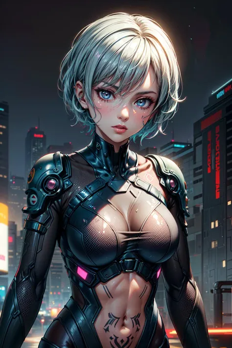 ((Best quality)),((Masterpiece)),((Ultra-detailed)),(illustration),(Detailed light),(An extremely delicate and beautiful),((1girll)),((Solo)),(Beautiful detailed eyes),Shiny hair,(((Cyberpunk city))),light pollution,((tightsuit)),rainy evening,Wet,(((cropped shoulders))),Depth of field,