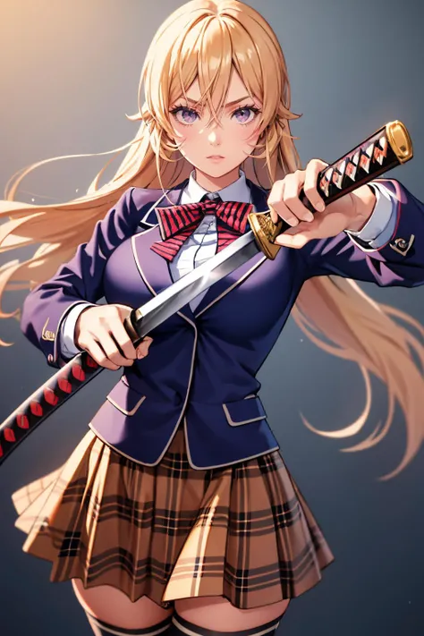 (looking at viewer:1.1),solo,
<lora:(é£æä¹é)èåæ æ¢¨å¥é¢¨æ ¼.nakiri_erina_v1:0.7>,
aaerina,(purple eyes:0.8),long hair,blonde hair,hair between eyes,(large breasts:1.1),
red bow,striped bow,blazer,blue jacket,long sleeves,plaid skirt,brown skirt,black thighhighs,
katana,holding weapon,unsheathing,SHEATH,HOLDING SHEATH,cowboy shot,