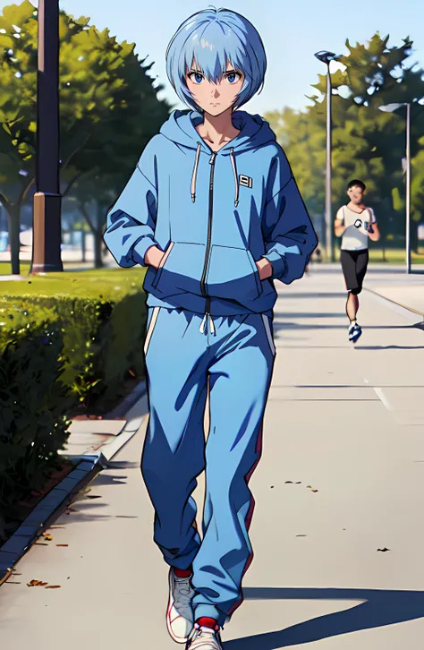masterpiece, best quality, 1girl, solo, Rei Ayanami, blue short hair, jogging suit, fully clothed, hoodie, (at the park, neutral expression:1.2), , <lora:evangelion_anime_style_offset:1>,