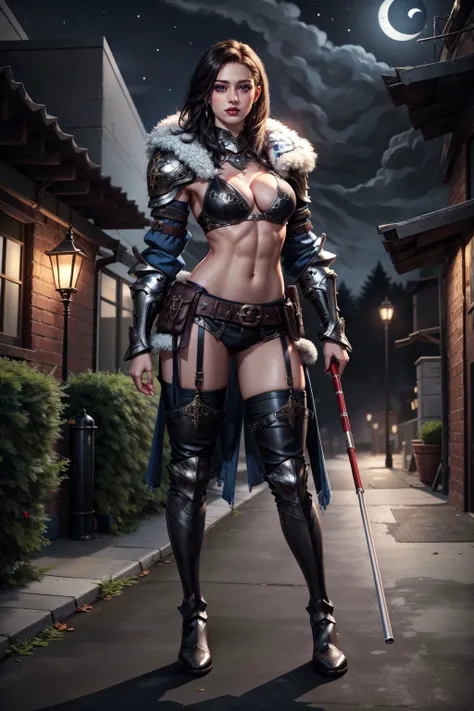masterpiece, best quality, highly detailed, 1girl, Berserker, dynamic pose, skinny, narrow waist, medium breasts, makeup, eyeliner, eyeshadow, light grayhair, razor cut hairstyle, long hair, bikini armor, fur, leather skirt, thigh boots, jewelry, dark theme, outdoors, (night:1.4), fire, fantasy theme, <lora:add_detail:0.6> <lora:Adventurers_v20:1>