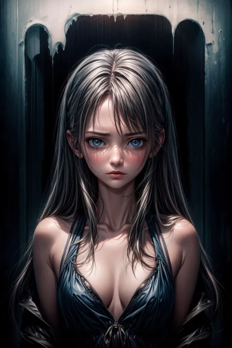 masterpiece,best quality,ultra high res,1girl,<lora:add_detail:1.5>,(abstract art:1.3),looking at viewer,despair,death presence,sadness,dark and blue theme,pathetic,cowboy shot,beautiful woman,suicide,