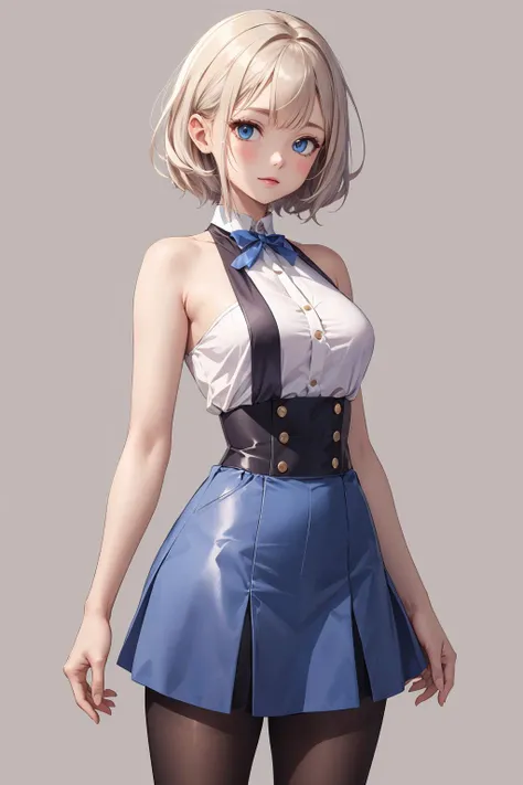 virgin killer outfit,high-waist skirt,standing,pantyhose,cowboy shot,grey background,
