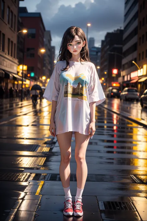 (full body shot) 22 year old woman,(getting rained on),(standing in the rain),long golden brown hair,green eyes,((wearing an oversized shirt, socks with high--tops)),(best quality, masterpiece:1.2),(photo-realistic),cute,cityscape,night,lots of rain,wet,