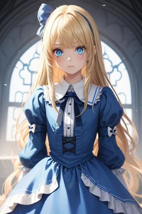 <lora:AliceHorrorV2:0.3>little 1girl, Alice in Wonderland, tears, blond hair, blue dress, blue eyes, long hair, solo, lots of details
