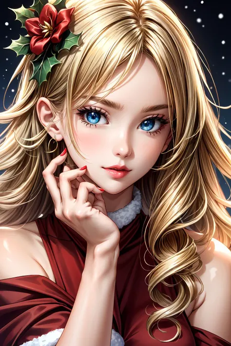 masterpiece, best quality, highres, absurdres, ultra detailed, perfect hands, semi realistic
1girl, blue eyes, blonde long curly hairstyle, bangs, cute but sexy, christmas style, (glossy red lips), mistletoe in hair, red nails, candy kain in hand
<lora:more_details:0.5>
