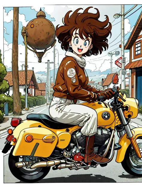 toriyama akira, masterpiece, lineart detailed, high res, 1girl, solo,  blue eyes, full body, short brown hair, wearing 80s street fashion, on a motorbike in a futuristic village, open mouth smile, dynamic pose, orgone energy, sunny overcast day, (profiles:0.3), <lora:toriyama_akira_3:0.8>