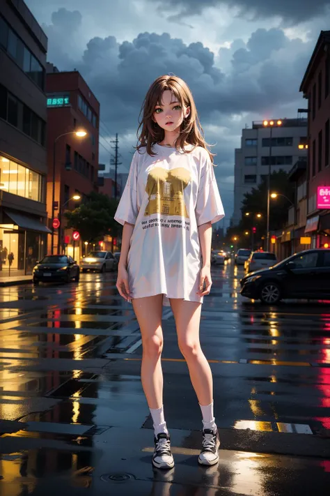(full body shot) 22 year old woman,(getting rained on),(standing in the rain),long golden brown hair,green eyes,((wearing an oversized shirt, socks with high--tops)),(best quality, masterpiece:1.2),(photo-realistic),cute,cityscape,night,lots of rain,wet,