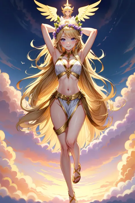 Ultra-high resolution, Attention to detail, Highest quality, (((女god))), Voluptuous, Full lower abdomen, Japan anime style, Baby Face, The eyes are large, Full body portrait, See-through feather robe, Rings on the wrists and ankles, A necklace studded with jewels, Beautiful golden crown with decorations, god々New Background, Multiple lights dance in the air, Making a ring with the thumbs and index fingers of both hands, Sitting cross-legged, Sitting on a lotus flower