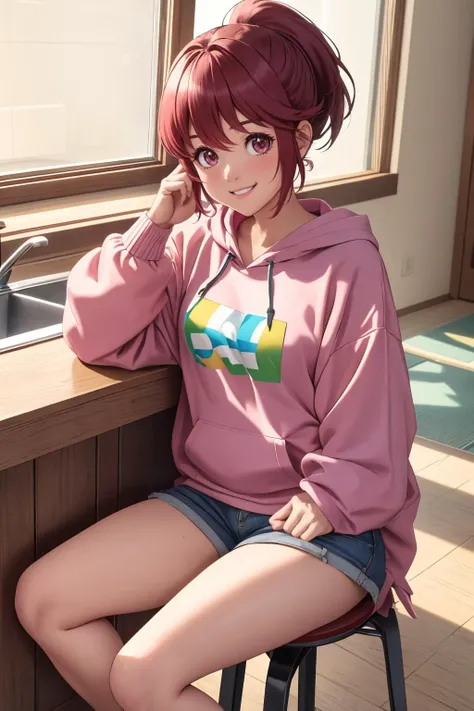 ultra detailed, sharp focus, best quality, masterpiece, colorful, <lora:CureLovely:1> AinoMegumi, short hair, ponytail, baggy clothes, oversized clothes, hoodie, shorts, sitting, kitchen, looking at the viewer, wide smile, stool, best quality, masterpiece, intricate details